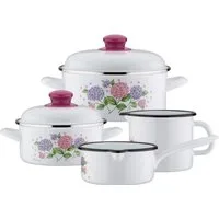 GSW Topf-Set Hortensie, Stahl-Emaille (Set, 6-tlg., je 1x Kochtopf Ø 16/20 cm, Stielkasserolle Ø 16 cm, Milchtopf Ø 12 cm), Induktion