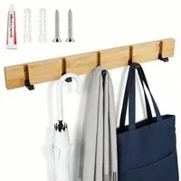 BlingBin Garderobenhaken Garderobenleiste klappbar mit 5 versenkbaren Haken, Holz/Aluminium (1er Set, 1 St., 50 × 5,5 × 2 cm), Wandgarderobe für Flur, Schlafzimmer und Bad, natur