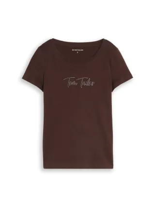 Tom Tailor - T-Shirt mit Glitzer-Logo java dark brown - Gr. - XXL
