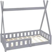 ML-DESIGN Spielbett Hausbett Tipi Zeltbett inkl. Lattenrost Bodenbett Kinder Himmelbett, Abenteuerbett mit Rausfallschutz Zelt Bett Kiefer Grau Kinderhaus
