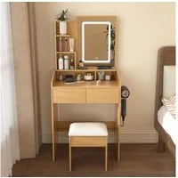 BBWL Schminktisch LED Spiegel kompakt mit Hocker Stromanschluss Fönhalter Stauraum Holz, Schminktisch modern für kleine Räume Schlafzimmer