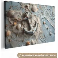 OneMillionCanvasses® Leinwandbild Anker - Holz - Muscheln - Sand, Fotodruck (1 St), Leinwand Bilder Klein, Wand Dekoration Aesthetic 30x20 cm