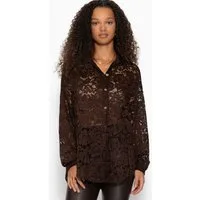 SASSYCLASSY Langarmbluse Bluse aus transparenter Spitze für Damen Elegante Buse mit Hemdblusenkragen im lockeren Schnitt Braun Schwarz