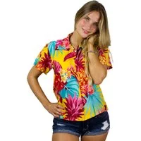 King Kameha Hawaiihemd Pineapple Funky Hawaiibluse Damen Kurzarm Front-Tasche Stylish