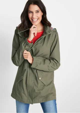 bonprix Baumwoll-Übergangsparka mit bedruckter Kapuze, grün, Gr.46, Lässiger Parka mit seitlichen Taschen aus Baumwolle, aus 100% Baumwolle