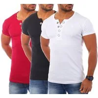 Young & Rich T-Shirt Herren basic fein gerippt mit trendigen extra großen Knöpfen 1872 mit Knopfleiste unifarben kurzarm slim fit