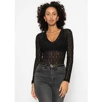 SASSYCLASSY Body Spitzenbody mit V-Ausschnitt für Damen Figurbetonter Body mit langen Ärmeln und Druckknopfverschluss Schwarz