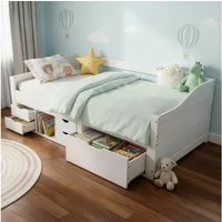 Juskys Stauraumbett Nalu, 90x200 cm Funktionsbett mit Lattenrost & Schubladen, Holz, Jugendbett