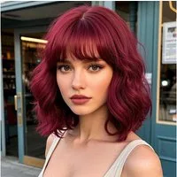 LuxusKollektion Kunsthaarperücke Perücke Bob Pony Damen Synthetik rot lockig Cosplay Weinrot