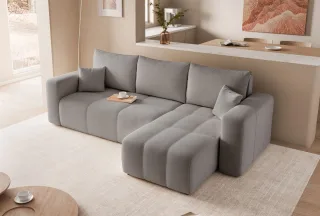 Ecksofa Schlafsofa Sofa LEROS in Stoff Manila Grau Ottomane Rechts