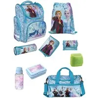 Familando Schulranzen Clou Schultasche Frozen Die Eiskönigin, blau - ab 1. Klasse (Erweiteretes Set, 9-tlg., mit Lunch-Set und Sporttasche), mit Anna und Elsa