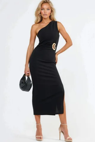 Asymmetrisches Kragen-Midi-Kleid mit Accessoire-Details
