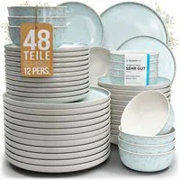 PURE LIVING INTERIOR DESIGN Geschirr-Set Pure Living »Ibiza« (48-tlg), 12 Personen, Steingut, Blau-Beige, 12 Personen, Steingut, Mediterrane Handwerksoptik, Reaktive Glasur – jedes Stück einzigartig…