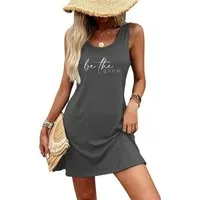 PYLIKE Strandkleid Damen ärmelloses T-Shirt Sommerkleid mit Slogan Print Bequem für Freizeit und Büro,Strandurlaub