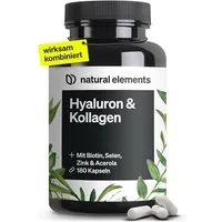 natural elements Hyaluronsäure Kollagen Komplex - 180 Kapseln Kapseln, 1 er zur Unterstützung von Haut, Haaren und Nägeln. à 180 St., 149 g, Laborgeprüft mit Biotin, Zink, Selen, Acerola-Vitamin C