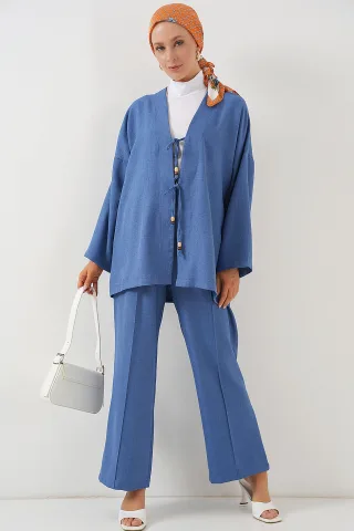V-Ausschnitt Cardigan und Hosen-Set mit weitem Bein