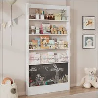 Flieks Bücherregal Kinderregal mit 4 Ablagen und bemalbares Schwarzbord, Spielzeugregal für Kinderzimmer, Spielzimmer 1-tlg., Kinderbücherregal Spielzeugtruhe Wandregal aus MDF, 100x10x180 cm