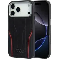 Audi Handyhülle iPhone 17 Pro Echtleder R8 MagSafe schwarz rot Logo Metall 6,3 Zoll, Kantenschutz