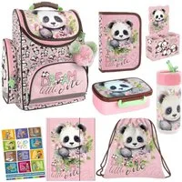 GOLDKIDS Schulranzen für Jungen und Mädchen, 8er-Set - (Schul-Rucksack für Kinder mit Federmäppchen -, 1-tlg., Schuhbeutel Trinkflasche und Brotdose), - Panda Motiv - 1-3 Klasse