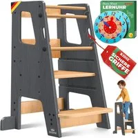 KIDIZ Stehhilfe (Tritthocker inklusive Lernuhr & abnehmbarer Anti-Kipp-Schutz), 3-stufig Höhenverstellbar, spielerisch motorische Fähigkeiten fördern