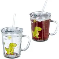 relaxdays Kinderbecher Trinkglas Kinder Dino 2er Set, Glas