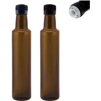 mikken Ölspender 2x Ölflasche 250 ml mit Ausgießer Grün/Braun – Glas mit Etiketten, (Essig- & Öl Set), mit Originalitätsring, UV-Schutz, tropffrei, luftdicht