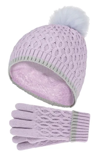 Wärmehalter - Thermoisolierte Pom Pom Bommelmütze und Handschuhe für Mädchen | bunte Pastellfarben - Lavendel Frost