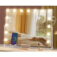 SONGMICS Schminkspiegel mit Beleuchtung, Kosmetikspiegel Touch-Steuerung, dimmbar, Handyhalter, mit 15 LED-Glühbirnen, mit USB-A und USB-C, 58 x 43 cm