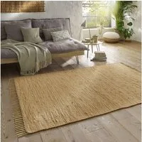 TaraCarpet Teppich Flickenteppich TaraCarpet Sylt mit Fransen, rechteckig, Höhe: 5 mm, Wohnzimmer Schlafzimmer Küchenteppich beige 070x250