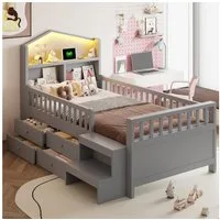 Flieks Kinderbett, Halbhochbett Hausbett 90x200cm mit Schubladen und USB/Typ-C