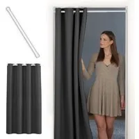 tinycurtains Türvorhang mit Stange weiß 70-120 cm Thermo Vorhang ohne Bohren, blickdicht, Ösen, verdunkelnd, Polyester, blickdicht, Anthrazit Nebula, Türgardine mit Klemmstange verdunkelnd