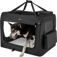 FEANDREA Tiertransporttasche Hundebox faltbar, Transportbox Hund, Hundetasche, mit Griffen, Taschen bis 32,00 kg, XXL, Oxford-Gewebe, Netzstoff, Metallrahmen, 91 x 63 x 63 cm, schwarz