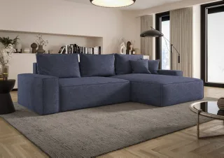 Ecksofa Schlafsofa Sofa WALKEN Stoff Aragon Blau Ottomane Rechts