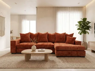 Ecksofa mit Schlaffunktion BENICIO Sofa in Stoff Flow Ziegelrot Ottomane Rechts