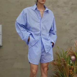 INCERUN Mens Fashion Striped Loose Two Pieces Outfit Comfortable Long Sleeve Shirt & Short Two-piece Suits