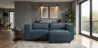Ecksofa Designersofa NEVIO XS in Stoff Lincoln Blau Ottomane Rechts