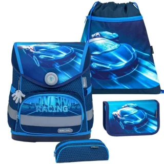Belmil Schulranzen Set "Compact" (Racing Blue Neon - Rennwagen) für Jungen ab 1. Klasse Grundschule Einschulung