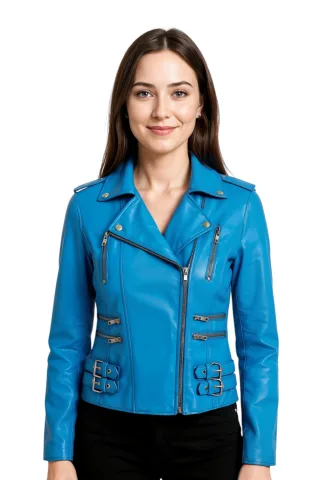 Damen Leder Blau Brando Bikerjacke-Constantia