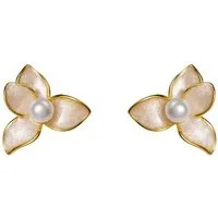 Runde Perlé Paar Ohrstecker Helena, Blume und Perle, kleine emaillierte Blumen Ohrstecker, 925er Silber, 18K Gold