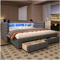 MODFU Schlafsofa inklusive USB- und Typ-C-Anschlüsse, Kinderbett mit multifunktionalem Ausziehbett, LED-Beleuchtung & Stauraum, Polsterbett 90×190 cm & 180x190 cm, ohne Matratze