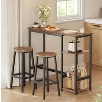 VASAGLE Bartisch Bartisch-Set, Bartisch-Set mit Regal, Essgruppe mit 2 Hockern, Metallgestell