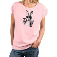 MAKAYA T-Shirt Damen Shirt mit Hase, Weinglas & Sonnenbrille – witziger Print (Weiß, Rosa, Dunkelgrau, 34, 36, 38, 40, 42, 44, 46, 48, 50) Baumwolle