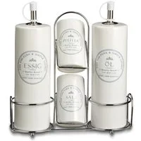 KHG Vorratsdose Menage Set 5-teilig aus Holz & Steinzeug für Essig Öl Salz Pfeffer, Steingut, Gewürz- und Öl/Essig-Set zur stilvollen Tisch- und Küchenpräsentation