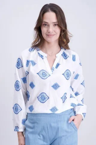 signe nature - Weite Bluse mit langen Ärmeln blau/weiß - Gr. - 42