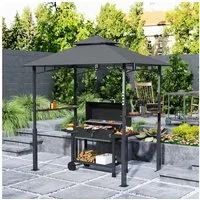 Outsunny Grillpavillon wasserdicht flammhemmend, mit Doppeldach,Seitenregalen, mit 0 Seitenteilen, (Gartenpavillon mit LED, Gartenlauben), mit UV-Schutz, aus Metall, 243 x 148 x 248 cm, für Party, BBQ, Grau