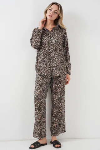 Leopardenmuster Hemd mit Knopfleiste und weite Satin-Hosen im 2-teiligen Set