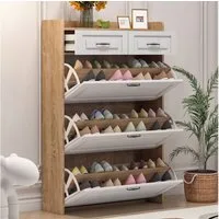 Flieks Schuhschrank (B80/T23,5/H131 cm, 1-St., für ca. 18 Paar Schuhe) Schuhkommode mit 3 Klappen und 2 Schubladen Schuhregal natur&weiß