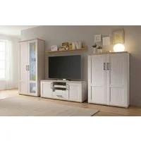 moebel-dich-auf Wohnwand ELEGANCE, (in Sibiu-Lärche Nb. Absetzung: San Remo hell, Vitrine + Wandboard + Lowboard + Stauraumelement), im Landhausstil inkl. LED-Beleuchtung