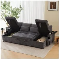 Merax Schlafsofa U-Form Sofa mit Schlaffunktion, Stauraum und Getränkehaltern, 4-Sitzer-Sofa 1 Teile, modulares Sofa aus Chenille & Cord, XL Ecksofa mit Metallgestell