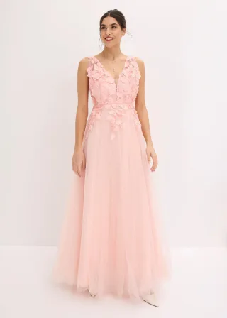 bonprix Maxikleid aus zartem Tüll mit Blumen-Applikation, rosa, Gr.38, Romantisch und feminin: Bezauberndes Abendkleid in Maxi-Länge aus zartem Tüll mit Blumen-Applikation im Oberteil